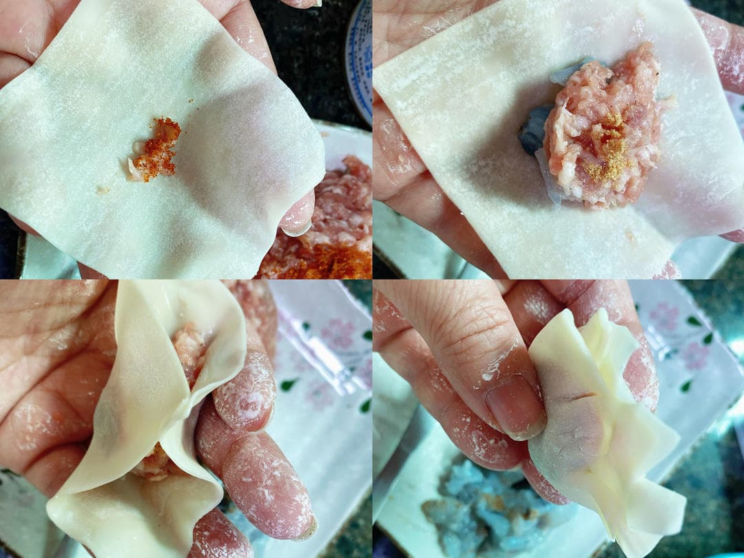 Four source photographs show adding roe and filling to a square wrapper, bringing the corners up and pinching the wonton closed.